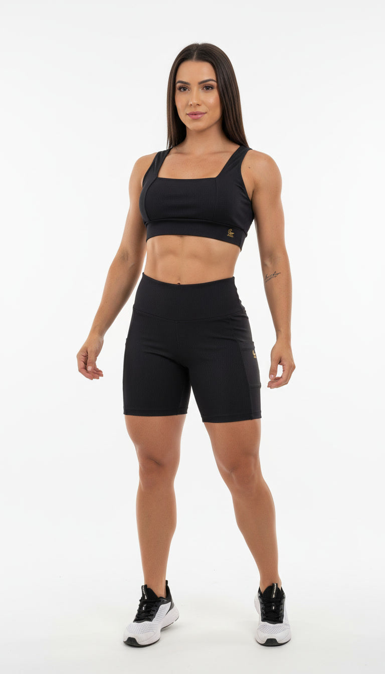 CONJUNTO FITNESS CANELADO PRETO- BERMUDA COM BOLSO E TOP